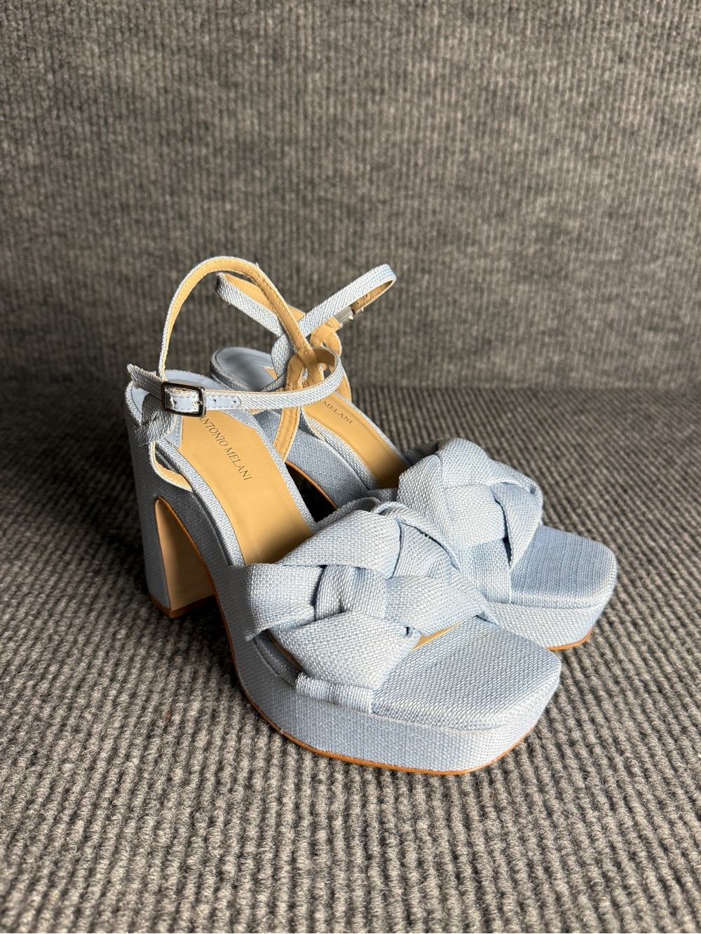 Antonio Melani Mya Blue Linen Braided Platform Block Heel Sandals NWOT Size 8.5